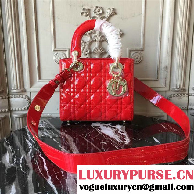 Christian Dior My Lady Dior Bag with Lucky Badges 20cm Gold Hardware Cannage Patent Lambskin Leather Fall Winter 2017 Collection Red