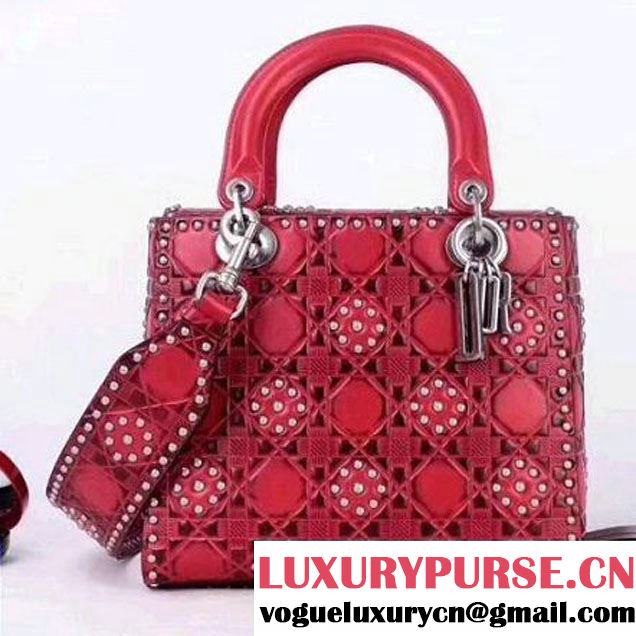 Dior Medium Lady Dior Supple Bag in Studded Calfskin Red 2017 (1C065-7111625 )