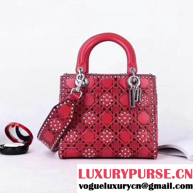 Christian Dior Lady Dior Studded Flower Bag 24cm Aged Silver Hardware Heat Embossed Cannage Calfskin Leather Cruise 2018 Collection Red