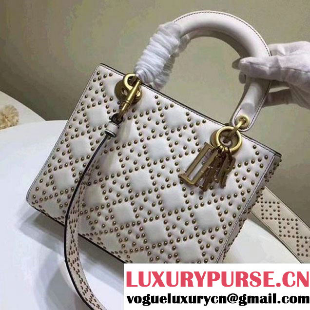 Dior Supple Lady Dior Large Bag in Studded Lambskin White 2017 (XXG-7120771 )