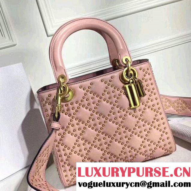 Dior Supple Lady Dior Large Bag in Studded Lambskin Pink 2017 (XXG-7120769 )