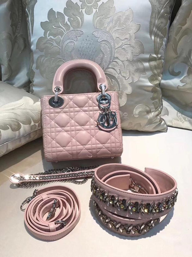 Christian Dior Lady Dior Bag with Crystal Shoulder Strap 17cm Silver Hardware Fall Winter 2017 Collection Pink