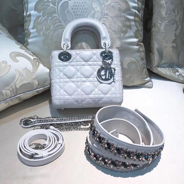 Christian Dior Lady Dior Bag with Crystal Shoulder Strap 17cm Silver Hardware Fall Winter 2017 Collection White