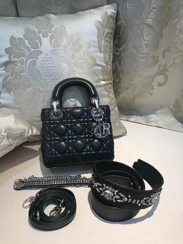 Christian Dior Lady Dior Bag with Crystal Shoulder Strap 17cm Silver Hardware Fall Winter 2017 Collection Dark Green