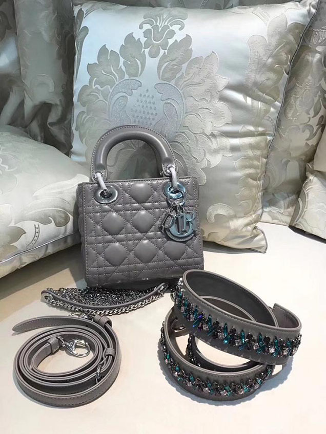 Christian Dior Lady Dior Bag with Crystal Shoulder Strap 17cm Silver Hardware Fall Winter 2017 Collection Grey