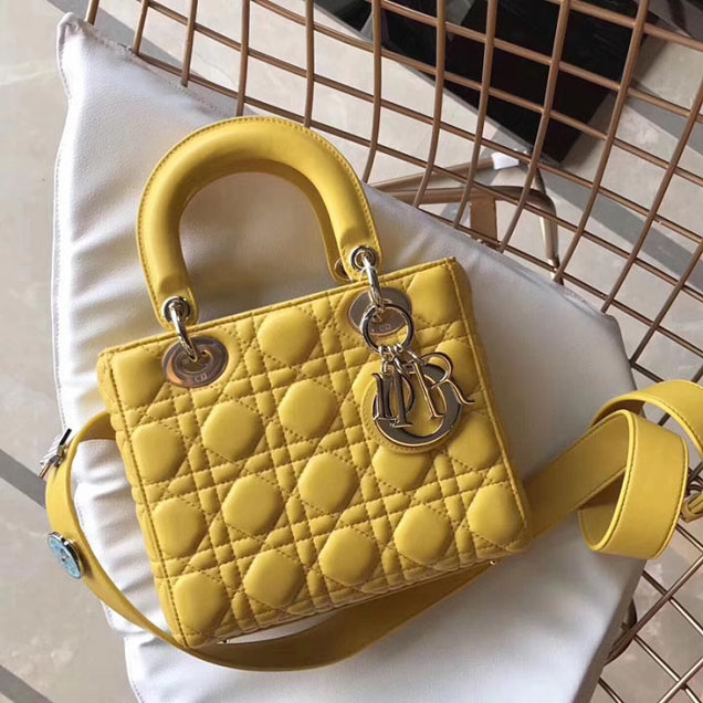 Christian Dior My Lady Dior Bag with Lucky Badges Strap 20cm Gold Hardware Cannage Supple Lambskin Leather Fall Winter 2017 Collection Mimosa Yellow