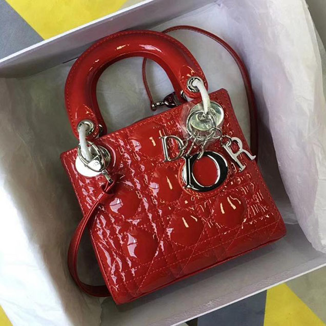 Christian Dior Lady Dior Bag with Chain 18cm Silver Hardware Cannage Patent Lambskin Leather Cruise 2017 Collection Red