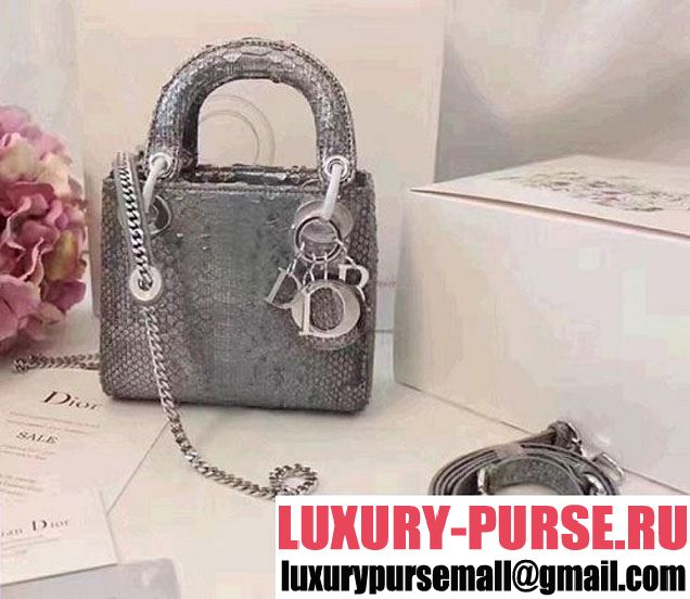 Christian Dior Lady Dior Bag with Python Skin 17cm Silver Hardware Lambskin Leather Cruise 2017 Collection Metallic Silver