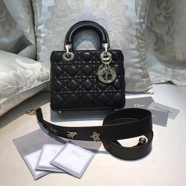 Christian Dior My Lady Dior Bag and Lucky Badges 20cm Gold Hardware Fall Winter 2017 Collection Black