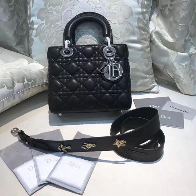 Christian Dior My Lady Dior Bag and Lucky Badges 20cm Silver Hardware Fall Winter 2017 Collection Black