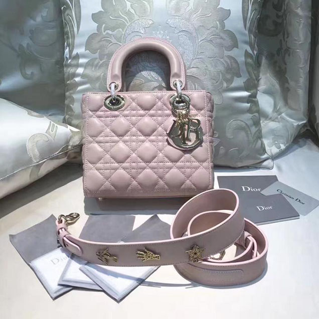 Christian Dior My Lady Dior Bag and Lucky Badges 20cm Gold Hardware Fall Winter 2017 Collection Light Pink