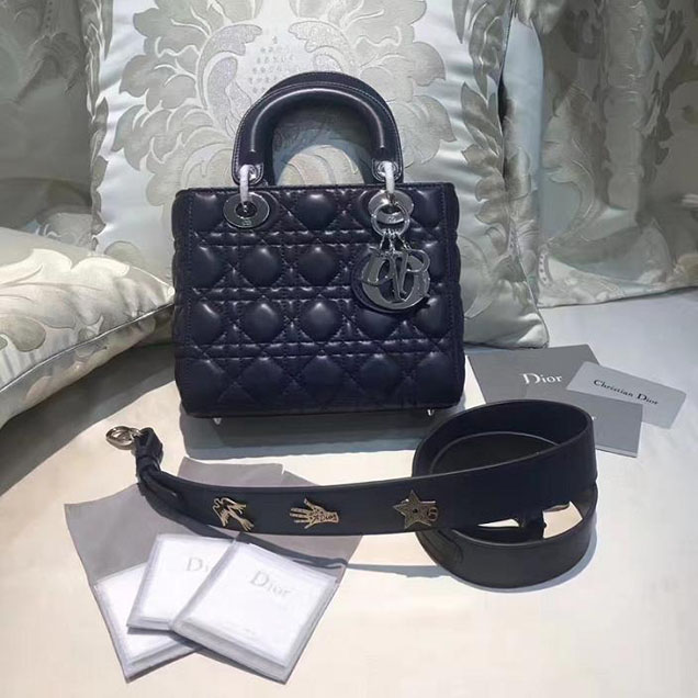 Christian Dior My Lady Dior Bag and Lucky Badges 20cm Silver Hardware Fall Winter 2017 Collection Dark Blue