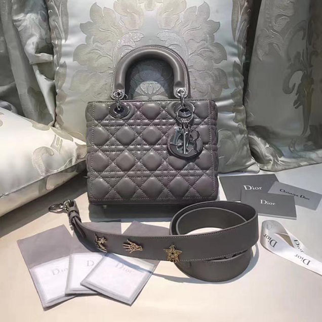 Christian Dior My Lady Dior Bag and Lucky Badges 20cm Silver Hardware Fall Winter 2017 Collection Grey