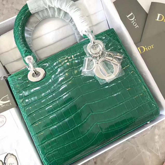 Christian Dior Lady Dior Bag with Nile Crocodile 24cm Silver Hardware Lambskin Leather Cruise 2017 Collection Green