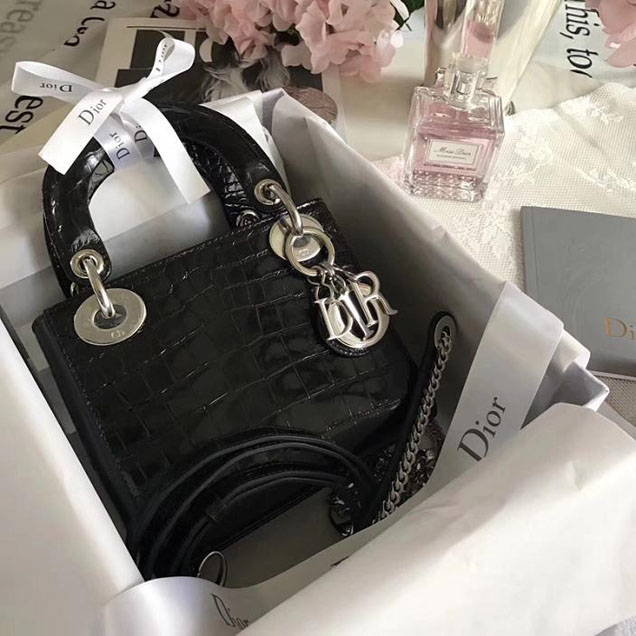 Christian Dior Lady Dior Bag with Chain 17cm Silver Hardware Nile Crocodile Lambskin Leather Fall Winter 2017 Collection Black