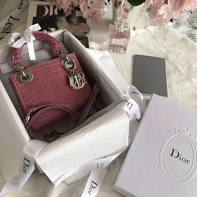 Christian Dior Lady Dior Bag with Chain 17cm Silver Hardware Nile Crocodile Lambskin Leather Fall Winter 2017 Collection Pink