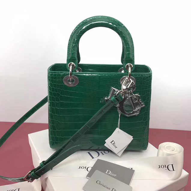 Christian Dior Lady Dior Bag with Nile Crocodile 17cm Silver Hardware Lambskin Leather Cruise 2017 Collection Green