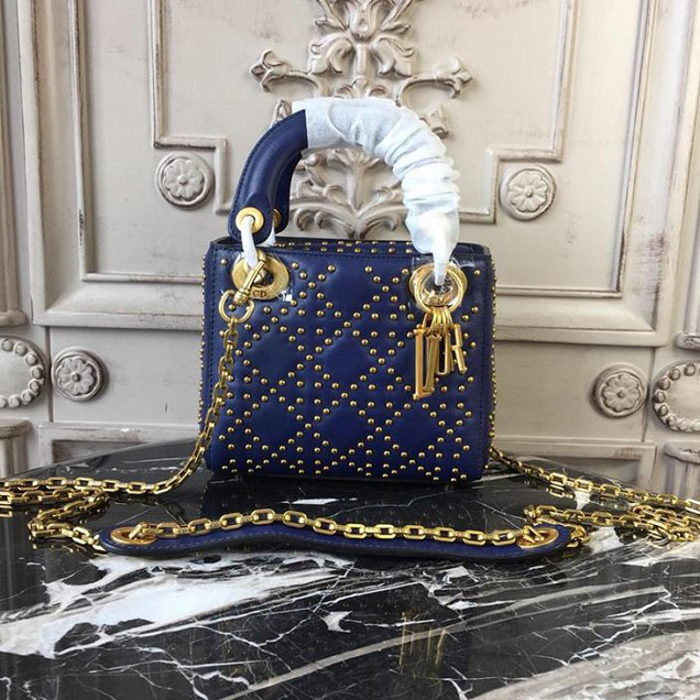 Christian Dior Supple Lady Dior Studded Tote Mini Bag with Wide Studded Strap 17cm Aged Gold Hardware Cannage Quilted Lambskin Leather Spring Summer 2018 Collection Navy Blue