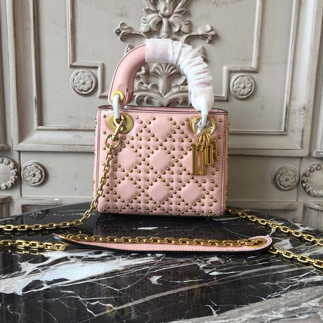 Christian Dior Supple Lady Dior Studded Tote Mini Bag with Wide Studded Strap 17cm Aged Gold Hardware Cannage Quilted Lambskin Leather Spring Summer 2018 Collection Light Pink