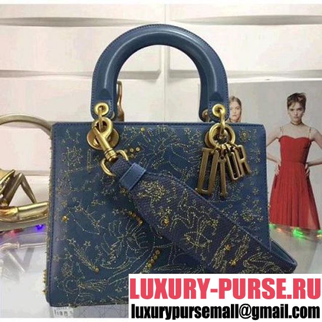 Dior Lady Dior Supple bag Embroidered with Gold Thread Denim Blue 2018 (XXG-8030619 )