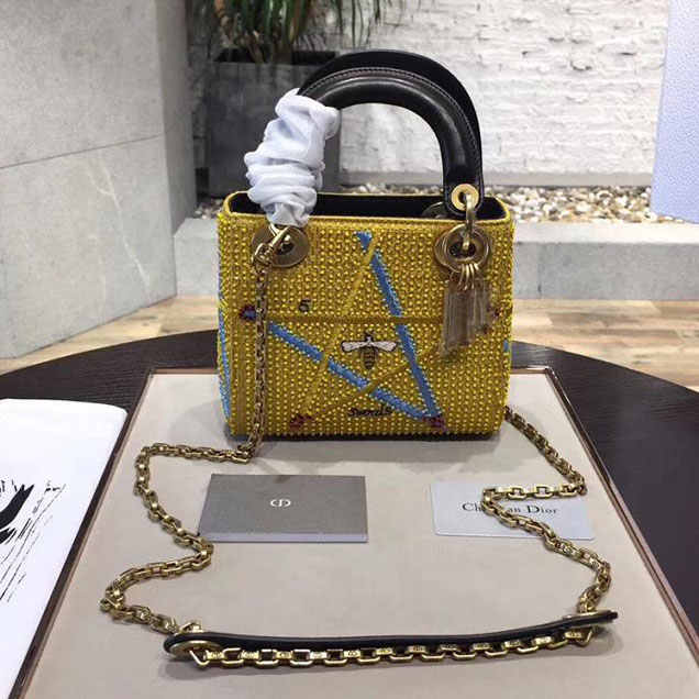 Dior Mini Lady Dior Bag Embroidered with Threads and Beads Yellow 2018