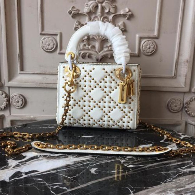 Christian Dior Supple Lady Dior Studded Tote Mini Bag with Wide Studded Strap 17cm Aged Gold Hardware Cannage Quilted Lambskin Leather Spring/Summer 2018 Collection, White