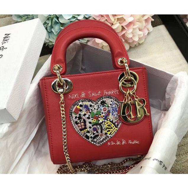 Christian Dior Lady Dior Mini Chain Bag With Niki de Saint Phalle Bonn Embroidery Red 2018