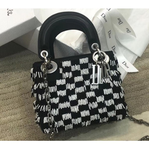 Christian Dior Lady Dior Mini/Small Bag Checkered Beaded Black/White 2018