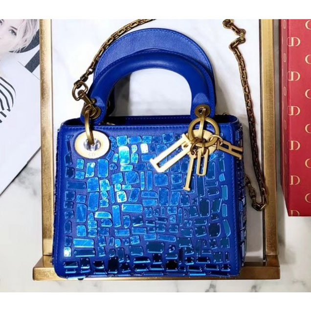 Christian Dior Lady Dior Mini Bag Blue with Chain Embroidered With A Mosaic Of Mirrors 2018