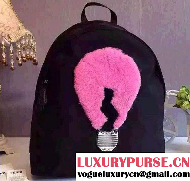 Fendi Light Bulb Shearling Nylon Backpack Bag Black/Pink 2015/2016