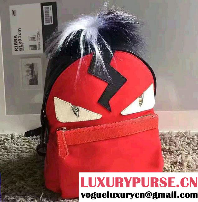 Fendi Red Nylon Bag Bugs and Fox Fur Backpack Bag 2016