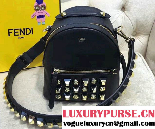 Fendi Calfskin Black and Gold Studs Edition Mini Backpack Bag Black 2017