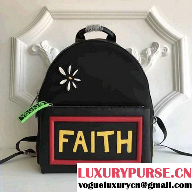 Fendi Black Nylon and Leather Backpack With "Faith" Rubber Patch 2017 (CL-7110807 )