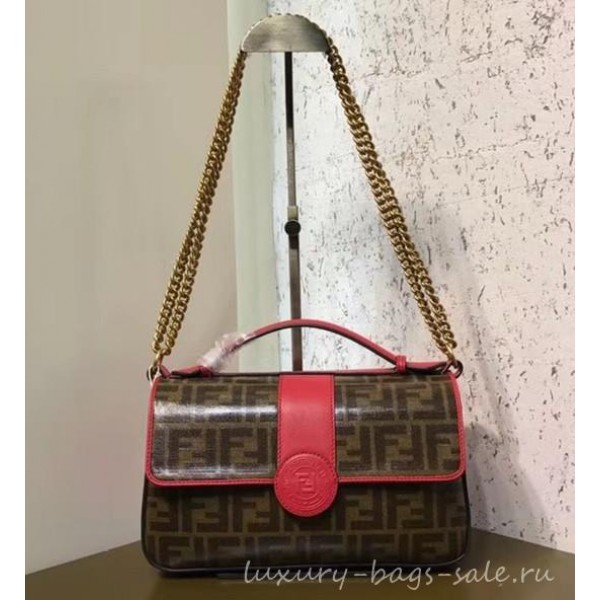 Fendi Medium Baguette FF Logo Glazed Fabric Shoulder Bag RED 2018