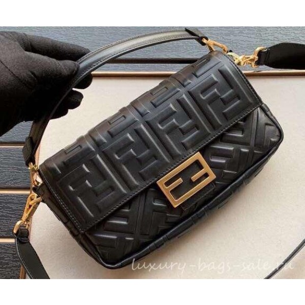 Fendi All-Over FF Motif Leather Medium Baguette Bag Black 2019