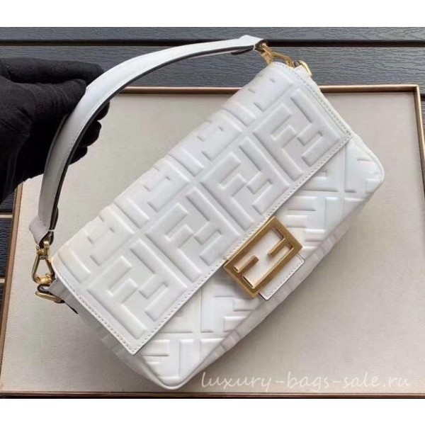 Fendi All-Over FF Motif Leather Medium Baguette Bag White 2019