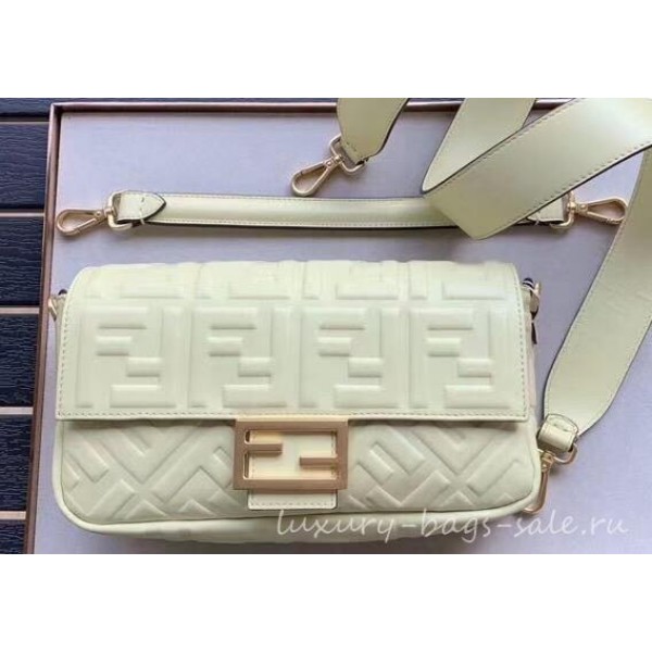 Fendi All-Over FF Motif Leather Medium Baguette Bag Pale Yellow 2019