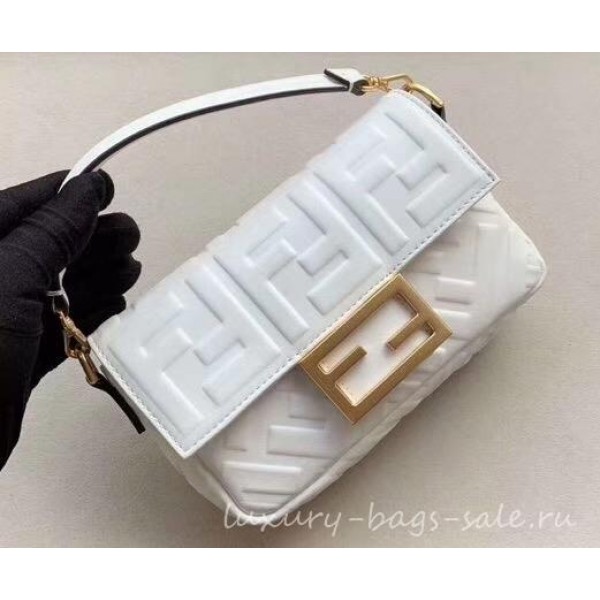 Fendi All-Over FF Motif Leather Mini Baguette Bag White 2019