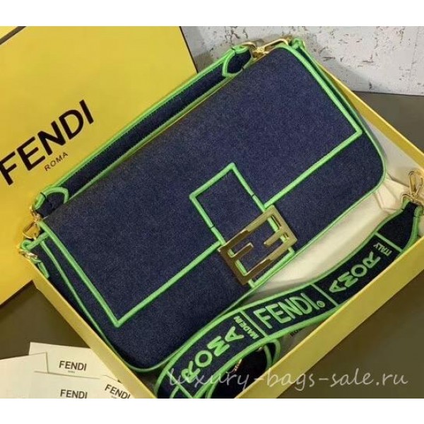 Fendi Denim Baguette Large Flap Bag Blue/Yellow 2019