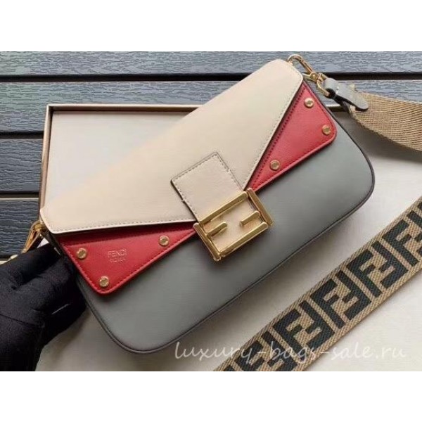 Fendi Studded Baguette Flap Shoulder Bag Beige/Red/Gray 2019