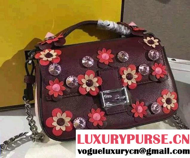 Fendi Leather Flowerland Double Micro Baguette Bag Burgundy/Cherry Pink 2016