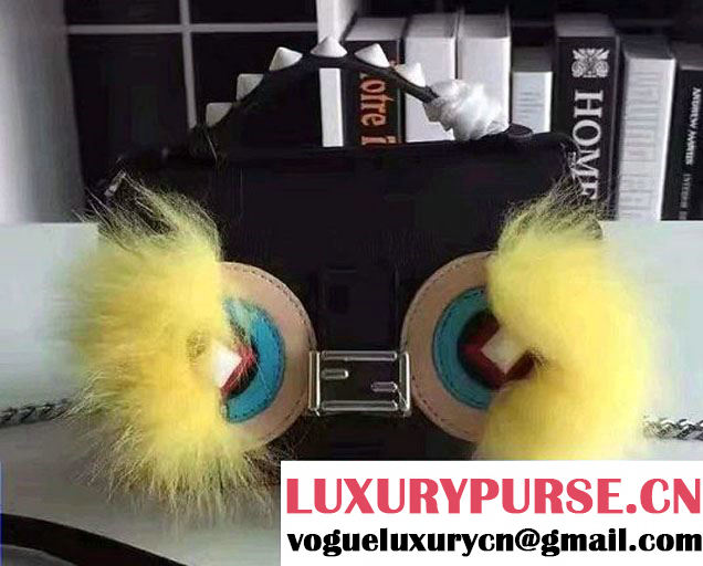 Fendi Studs and Fur Double Micro Baguette Bag Black/Yellow 2016