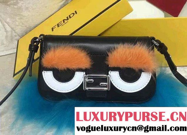 Fendi Soft Nappa Leather And Fur Micro Baguette Bag Black/Orange/Blue 2016