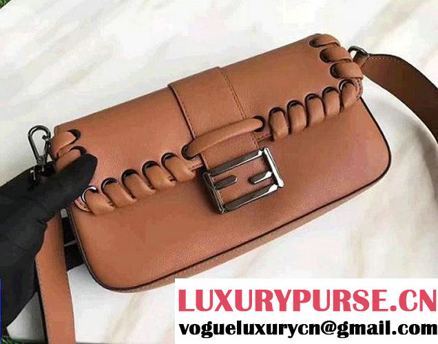 Fendi Baguette Cocoa Calfskin Leather With Weave Edge Shoulder Bag Brown 2017