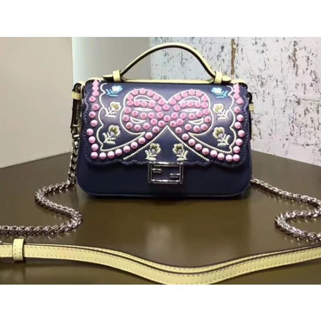 Fendi Multicolor Studded Embellished Double Micro Baguette Bag Dark Blue/White