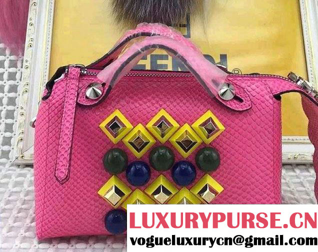 Fendi Python Pattern Mental Studs And Horsehair Mini By The Way Boston Bag Fuchsia with Rhinestones 2015