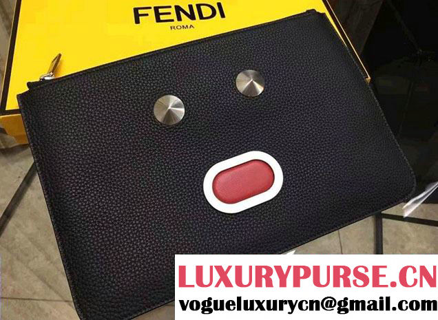 Fendi Roman Leather Faces Slim Clutch Pouch Bag Black 2016