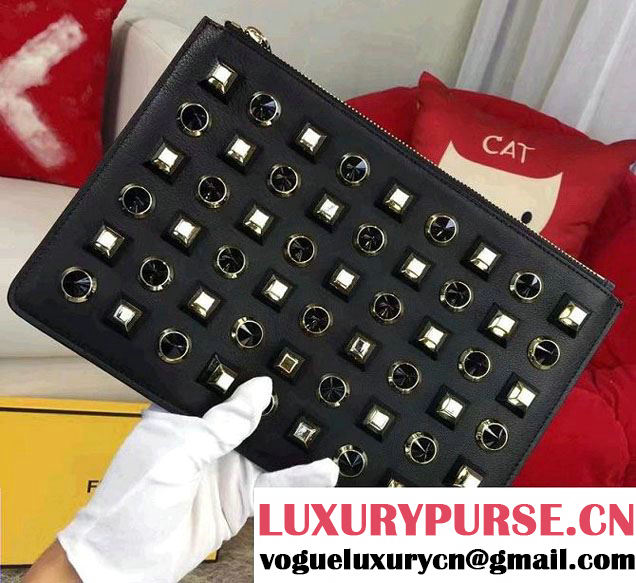 Fendi Black and Gold Studs Edition Pouch Clutch Bag 2017