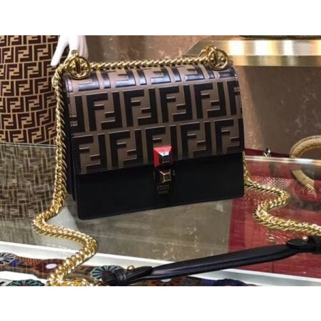 Fendi Mini Kan I Bag FF Pattern Printed In Relief And Hand-Painted In Black And Coffee 2018