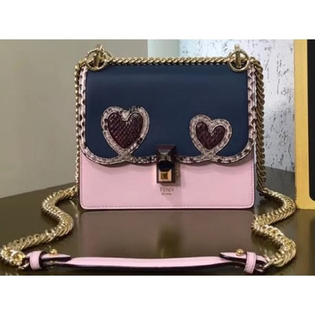 Fendi Mini Kan I Bag Heart-Shaped Appliques In Elaphe Blue/Pink 2018